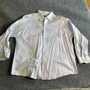 Tasso Elba Mens XXL 18 34-35 Dress Shirt White Blue Grid Check Cotton Long Slv